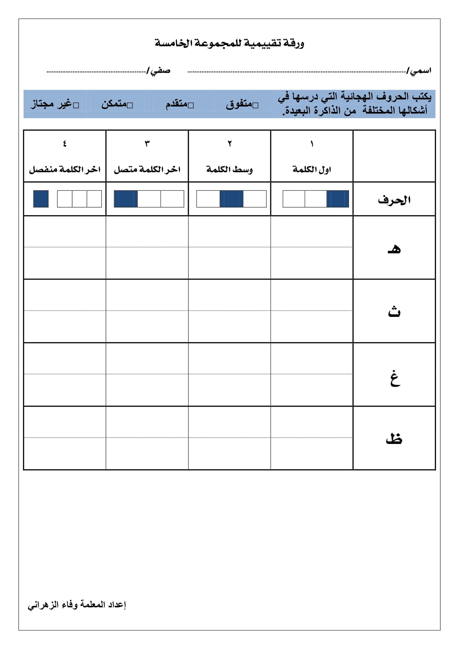 Arabic Alphabet Assessment Sheets