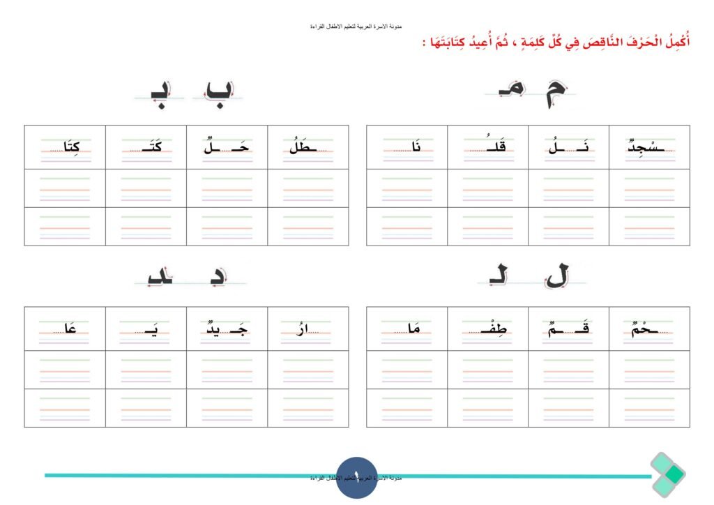 Fill in the Missing Arabic Letter Worksheets PDF